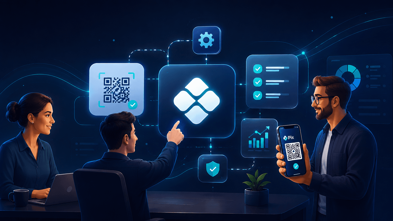 Equipe utilizando automação e pagamentos Pix na plataforma ZeriqPay